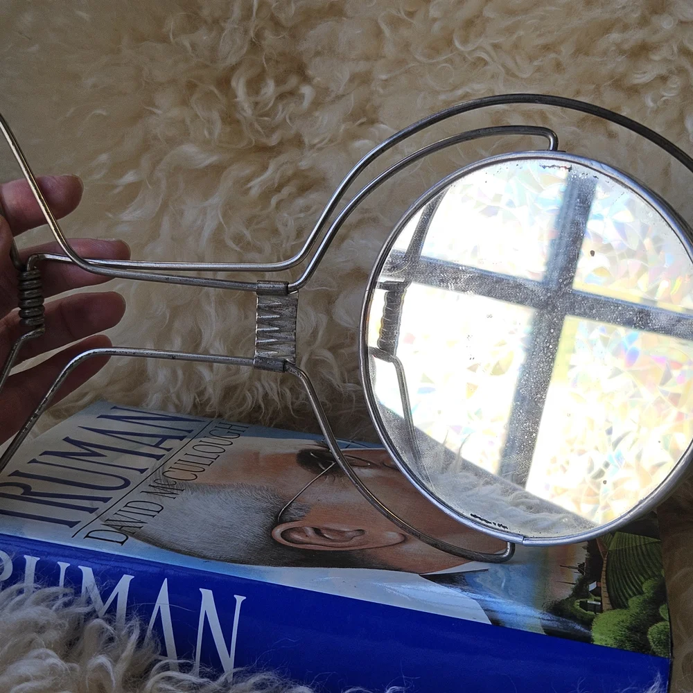 Vintage Midcentury 1960s Round 2-sided Silver Hanging Vanity Mirror